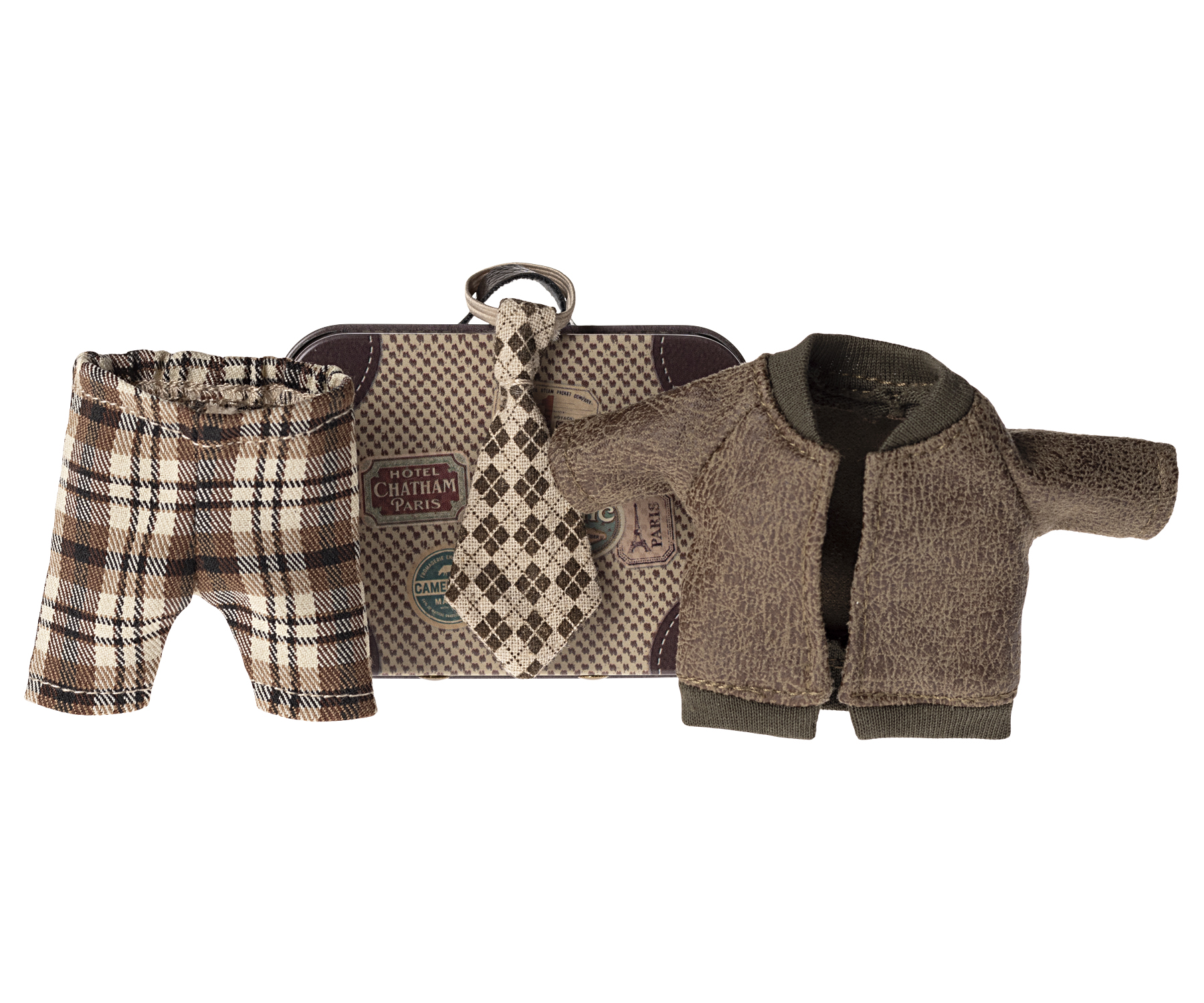 Giacca, pantaloni e cravatta in valigia – Grandpa mouse