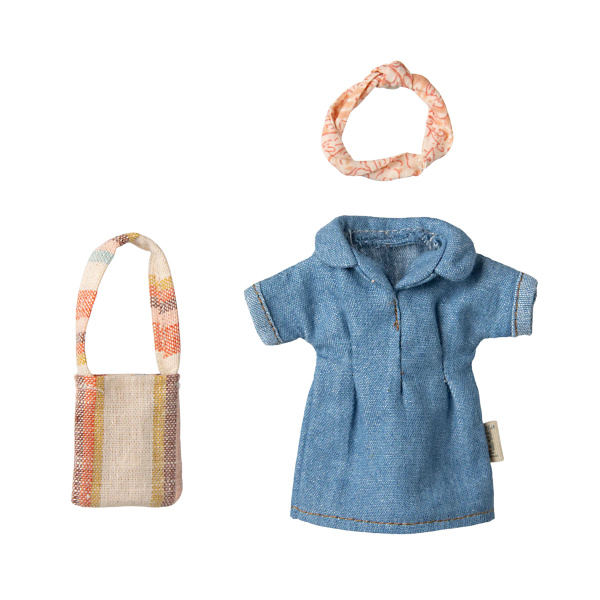 Abito e borsa in denim, mamma topo
