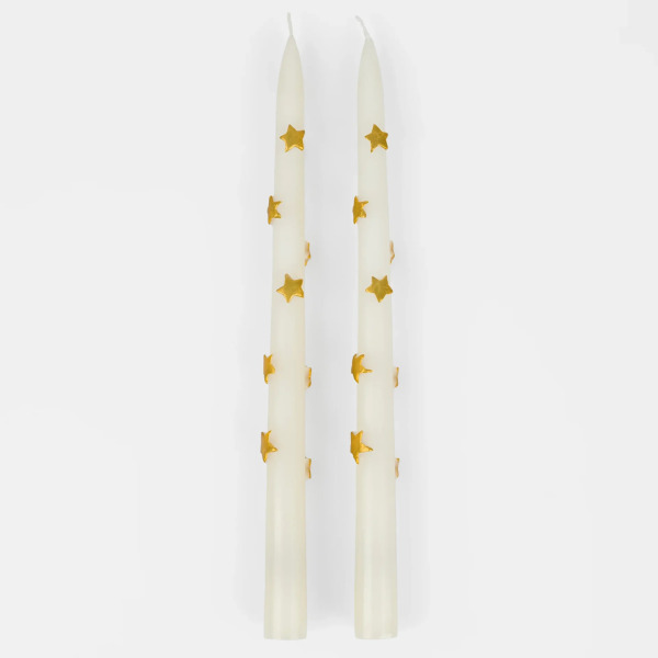 Set 2 Candele Coniche Avorio con Stelle Oro