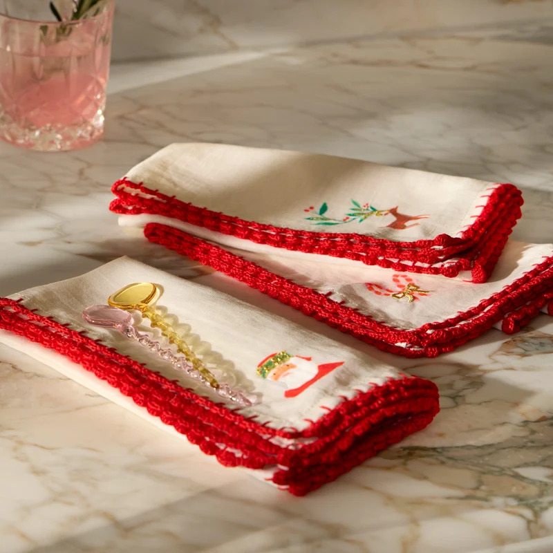 Set 4 Tovaglioli in Tessuto Babbo Natale e Simboli Natalizi