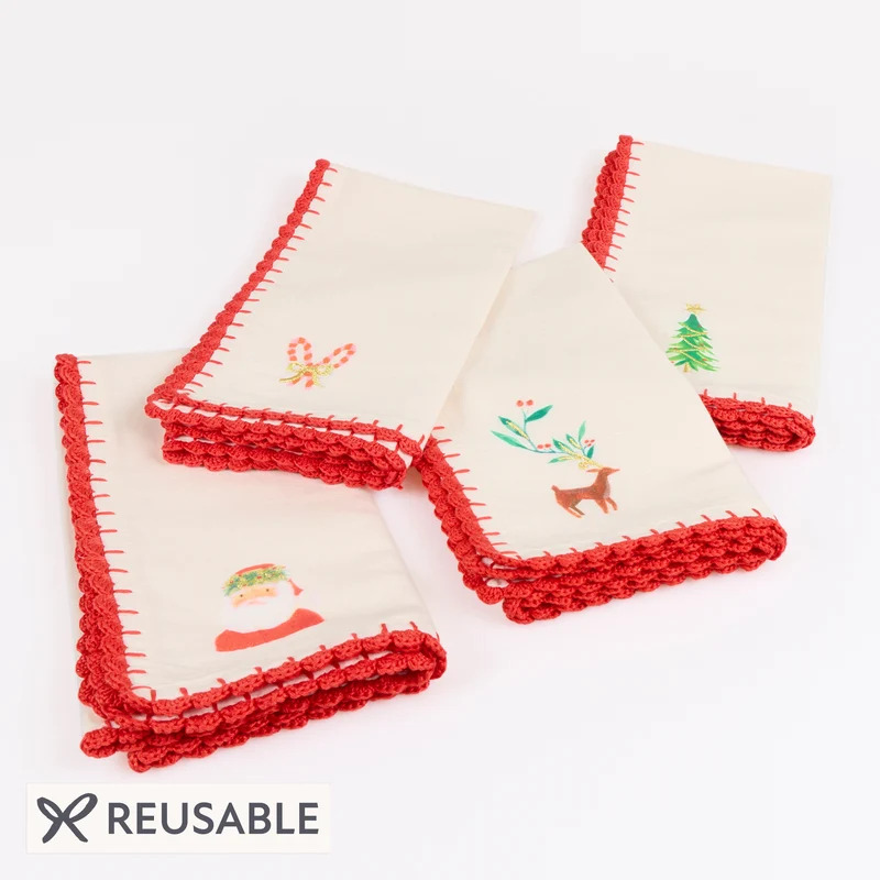 Set 4 Tovaglioli in Tessuto Babbo Natale e Simboli Natalizi