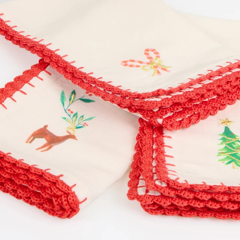 Set 4 Tovaglioli in Tessuto Babbo Natale e Simboli Natalizi