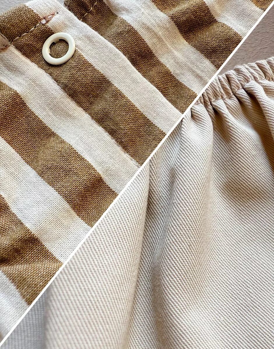 Top a righe e gonna in gabardine beige