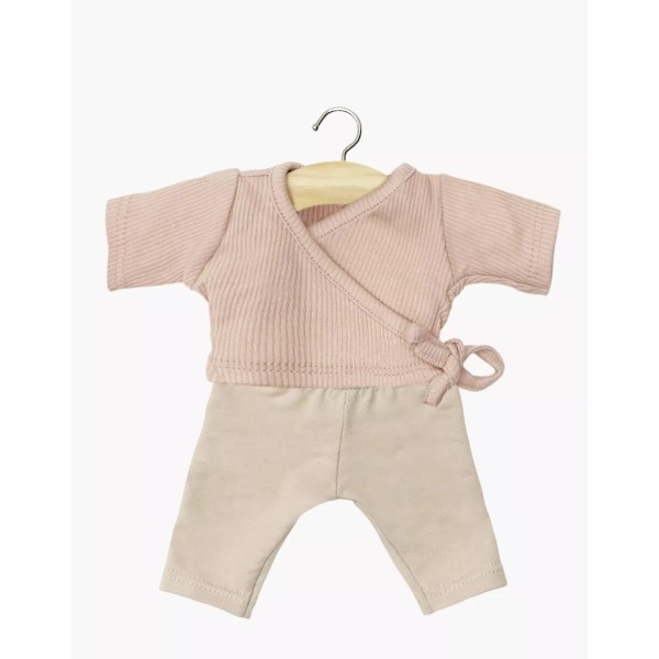 Completo in maglia a coste rosa petalo e leggings in lino