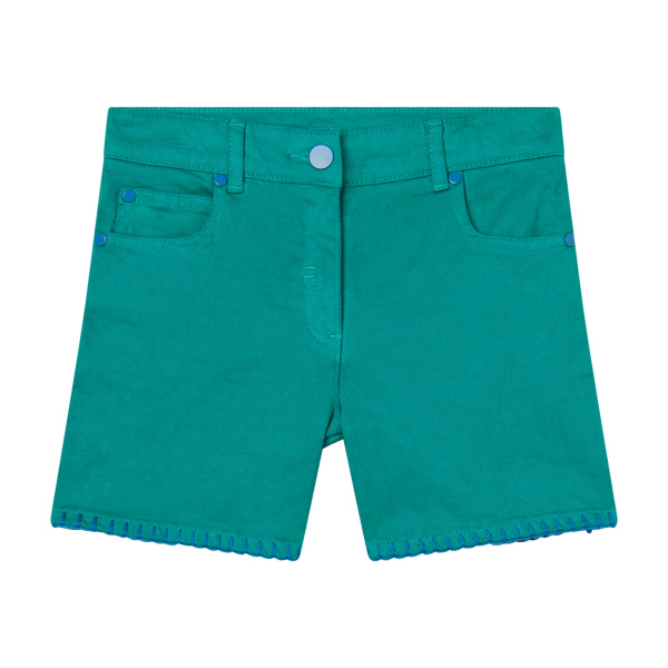 Shorts in denim con ricamo fragola